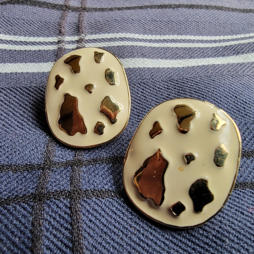 Gold & White Enamel Pierced Earrings